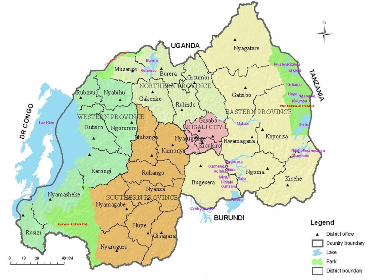 mapa de Ruanda con barrios e sectores