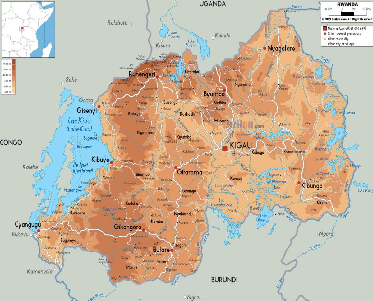 mapa do mapa físico de Ruanda